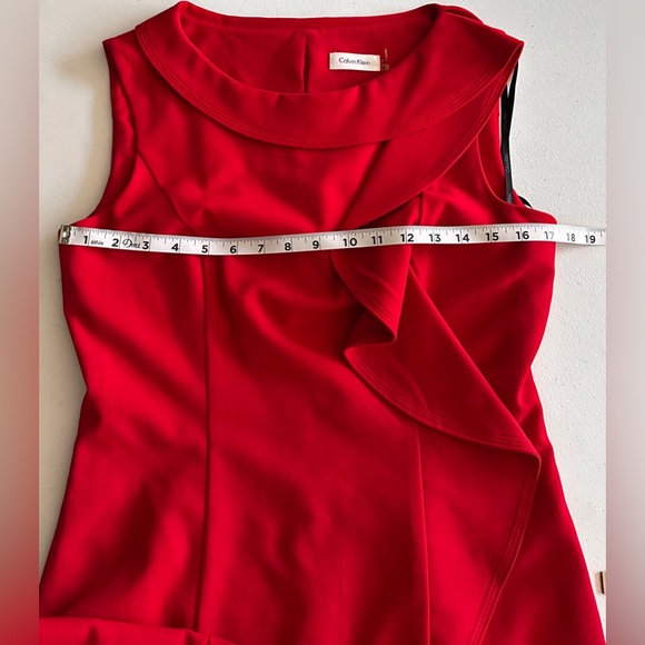 Calvin Klein Red Formal Classy Midi Length Sheath Fitted Ruffle Front Size 8 - Picture 7 of 11
